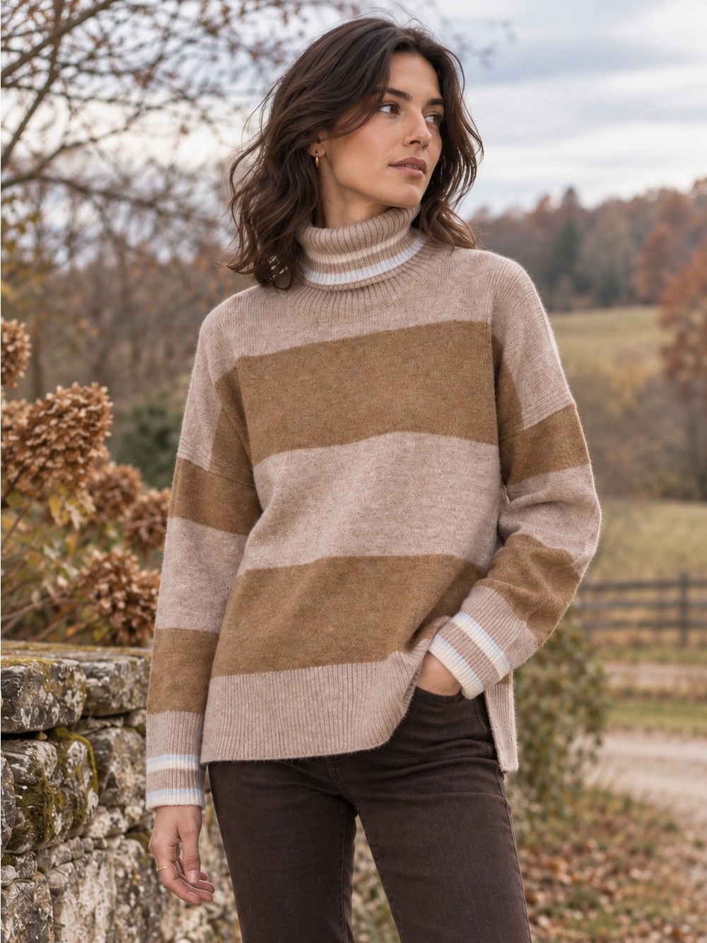 NWT J.Crew Wide Stripe Wool Alpaca Turtleneck Sweater Camel Medium
